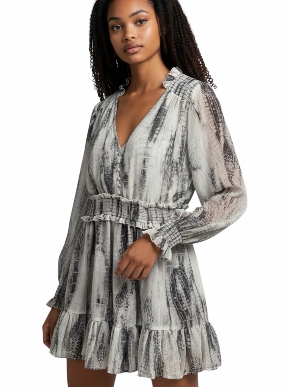 Micas Gray And Black Animal Print V-Neck Mini Dress With Wide Gathered Waist New